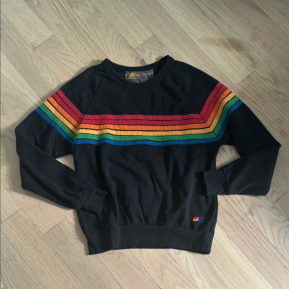 Aviator Nation Black and Red Crewneck Sweater with Rainbow Stripes